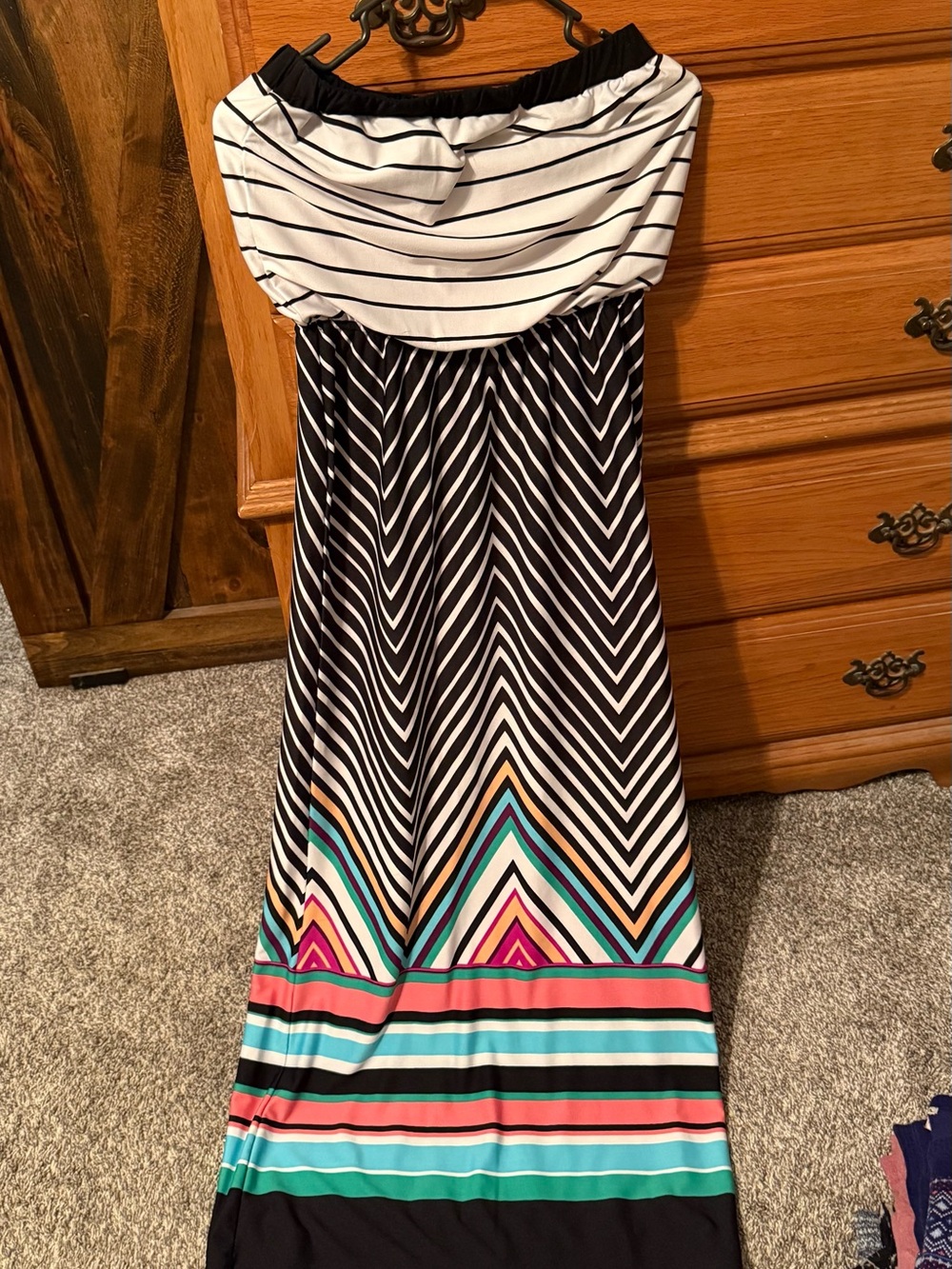 Striped Strapless Maxi Dress in Black, White and Multi-Color